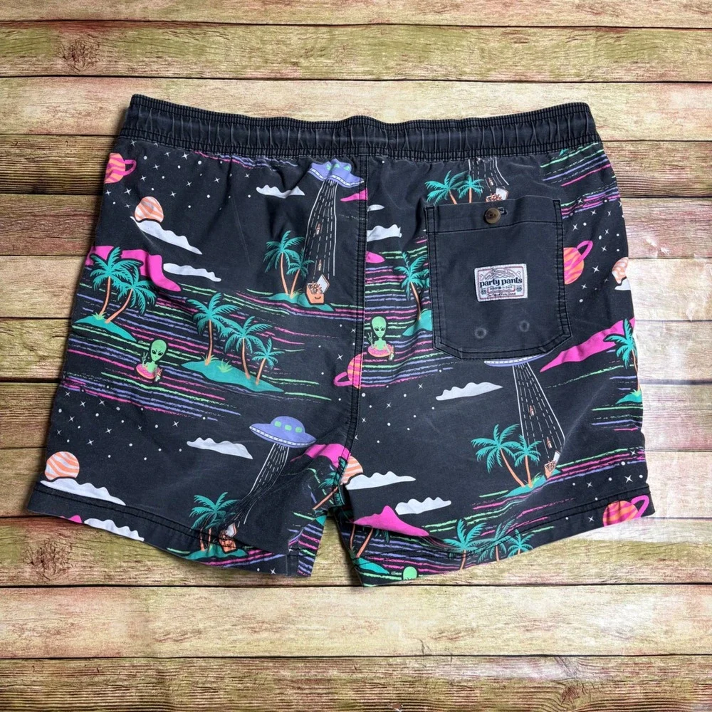 Party Pants Alien UFO Abduction Graphic Swim Trunks Shorts Men's XL